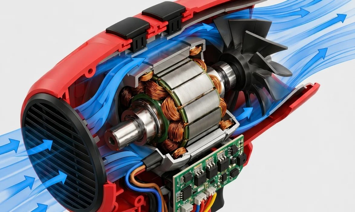 Cutaway illustration of the blower showing a fan, motor windings, and circuit board, with arrows for airflow.