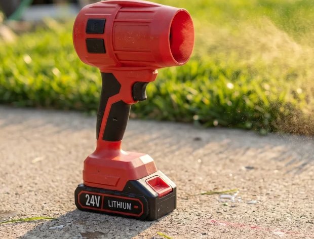 The red blower standing on a concrete driveway beside grass.