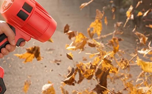 Handheld blower moving dry leaves on pavement.