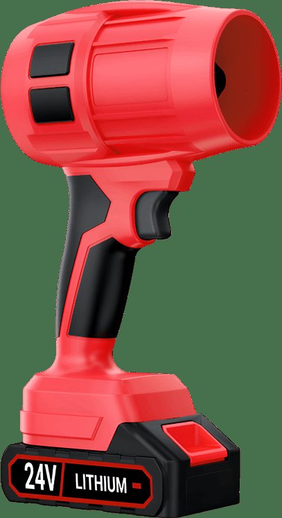 Red and black WoodRanger handheld blower with a 24V lithium pack on the handle.