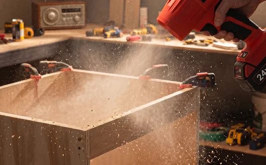 Blower clearing sawdust off a woodworking bench.